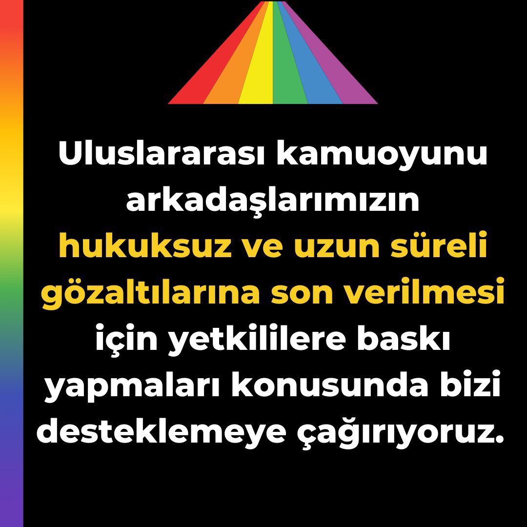 yildizonen's tweet photo. Uluslararası kamuoyunu arkadaşlarımızın hukuksuz ve uzun süreli gözaltılarına son verilmesi için yetkililere baskı yapmaları konusunda bizi desteklemeye çağırıyoruz.
#pridecantbedetained
#pridecantbedeported
#freeistanbulpride
güncel durum: https://t.co/RHZXMoTPt3… https://t.co/jpsY3OGMov