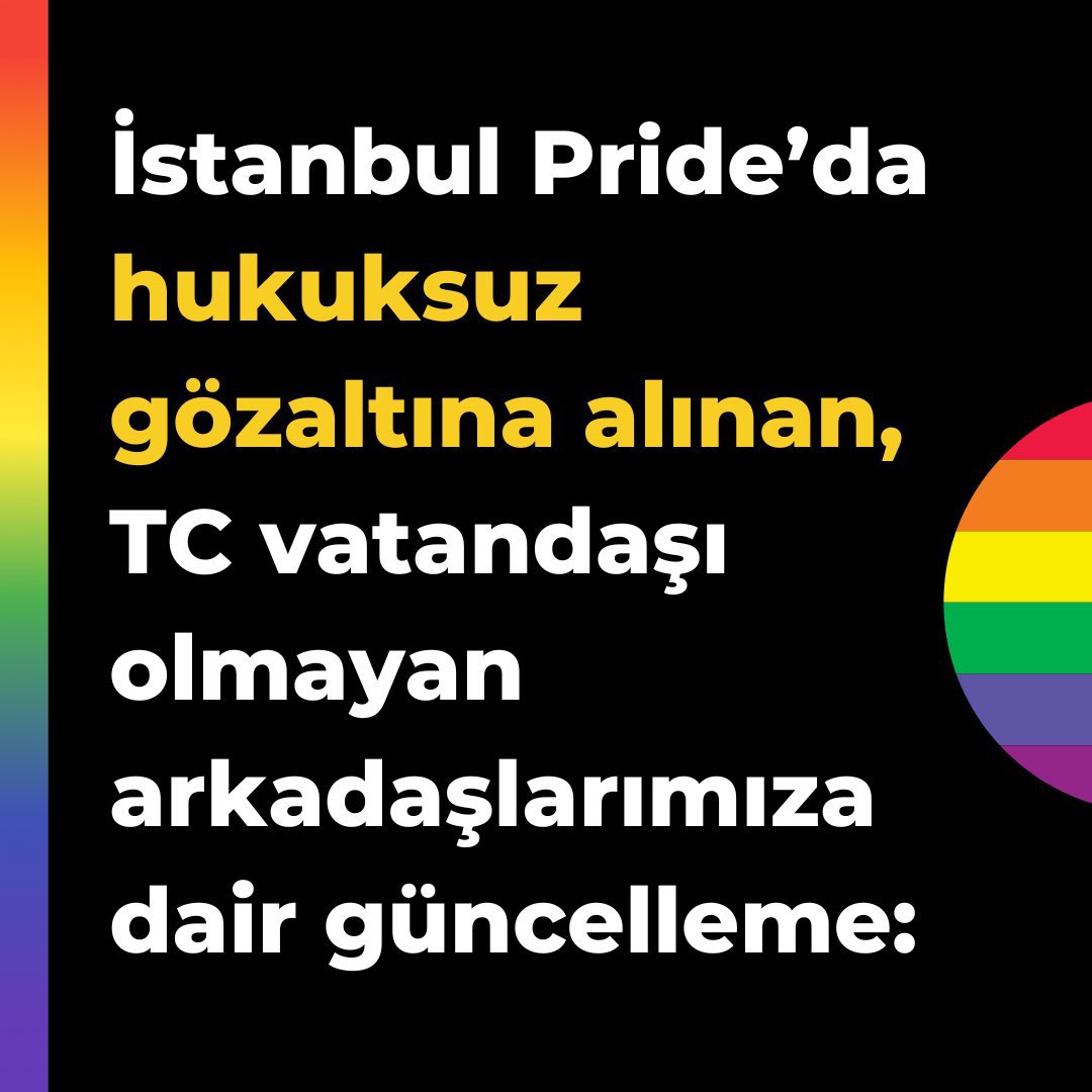 yildizonen's tweet photo. Uluslararası kamuoyunu arkadaşlarımızın hukuksuz ve uzun süreli gözaltılarına son verilmesi için yetkililere baskı yapmaları konusunda bizi desteklemeye çağırıyoruz.
#pridecantbedetained
#pridecantbedeported
#freeistanbulpride
güncel durum: https://t.co/RHZXMoTPt3… https://t.co/jpsY3OGMov