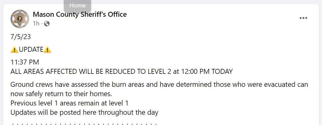 OLjohnel's tweet photo. Another Facebook update: 
7/5/23
11:37 PM
ALL AREAS AFFECTED WILL BE REDUCED TO LEVEL 2 at 12:00 PM TODAY
...those who were evacuated can now safely return to their homes.
Previous level 1 areas remain at level 1
Updates will be posted here throughout the day https://t.co/8GPEwIr37i