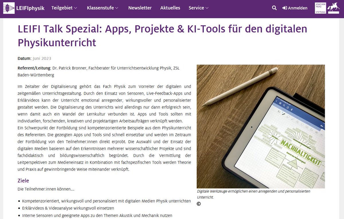Bundesweite Fortbildungsreihe für #MINT - Lehrer*innen: 
"Apps, Projekte &amp; KI-Tools für den digitalen Physikunterricht". 
11.10., 17.10. &amp; 26.10.2023 // 15-18 Uhr // Online
Infos &amp; Anmeldung zum LEIFI Talk Spezial: leifiphysik.de/neu-bei-leifip…
#twlz #edubw #MINTEdu #BayernEdu #eduNRW