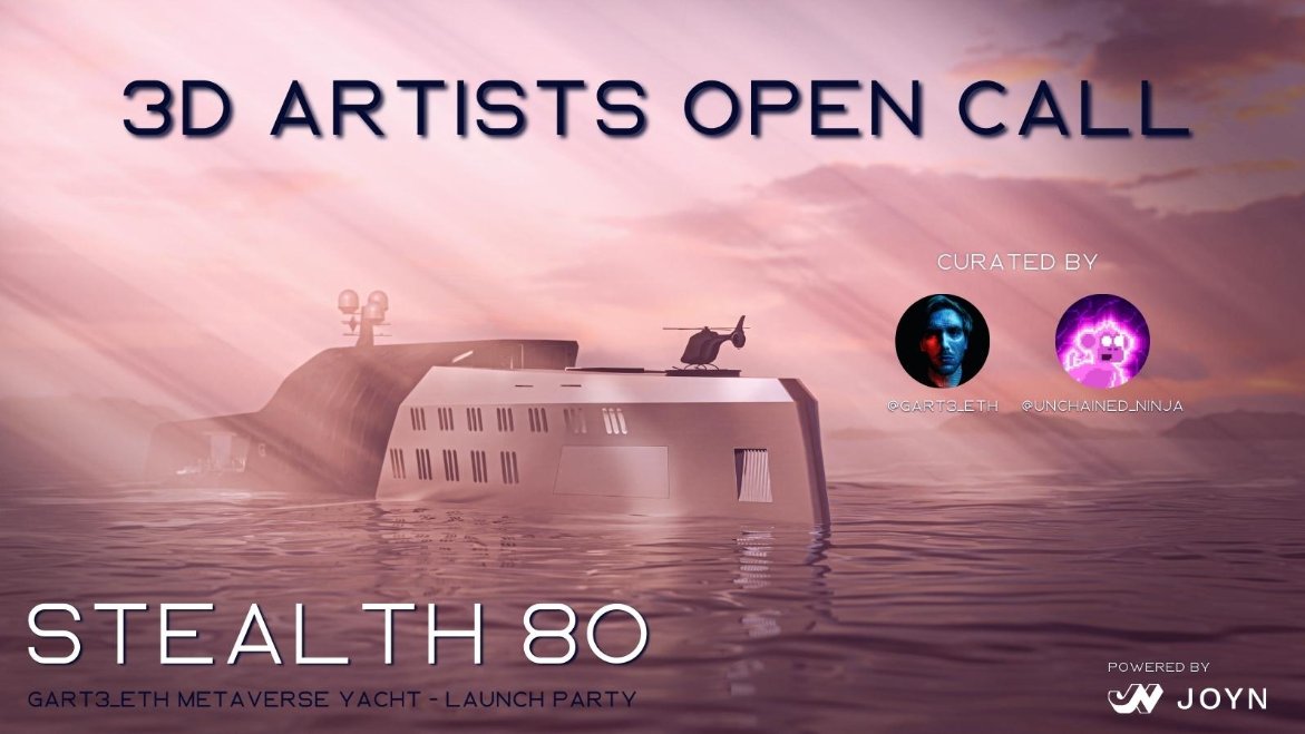 unchained_ninja's tweet photo. 📢 3D Artists Open Call 🌊

Get your art on the Meta Yacht! ⛵️ 

We're looking for 12 3D artworks to exhibit at @Gart3_eth's yacht launch party! Deadline July 17th

Join now:

🎨  Post Art + 🔗
🫂 Follow: @unchained_ninja + @Gart3_eth + @joynxyz 
🔄 RT this post

Read on 🧵👇 https://t.co/vxaj26OlMG