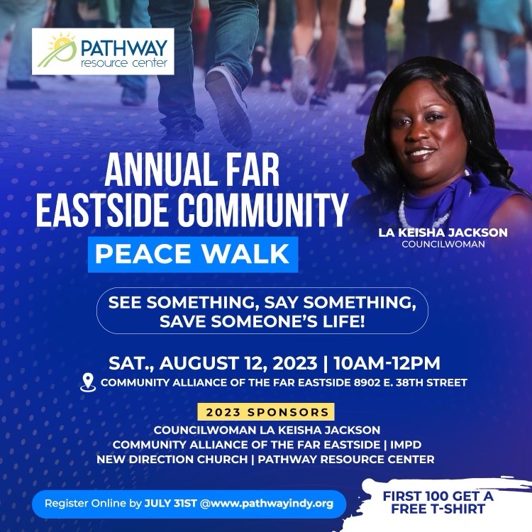pathwayindy's tweet photo. Stride with us towards a safer community! Join us on Saturday, August 12 for our Annual Far Eastside Community Peace Walk. Together, we can tackle gun violence and pave the way for positive change. Register online by July 31st at https://t.co/shmR42JgVf. #PathwayIndy #PeaceWalk https://t.co/DEbc2PbSvZ