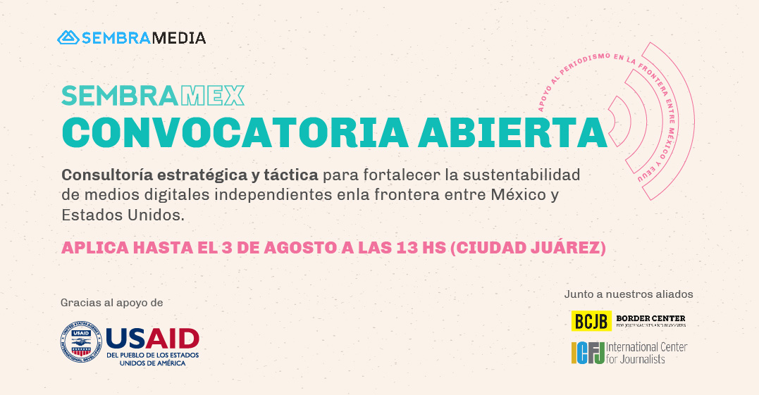 ¡Convocatoria a #SembraMex! 🇲🇽 Aceleradora de sustentabilidad para medios que cubren la frontera entre México y Estados Unidos. Brindaremos apoyo, capacitación y consultorías a dos medios digitales de la región durante 6 meses. 📌Aplica antes del 3/08: bit.ly/44x20nY