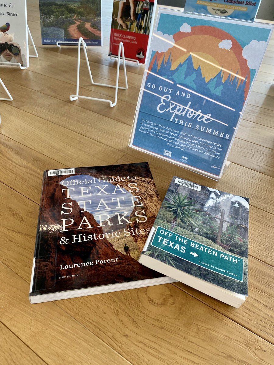 UHVLibrary's tweet photo. Go out and explore this summer! Go hiking at a local state park, learn a new barbecue recipe or road trip to some of Texas’ historical sites! Check out the books on display in the UHV Library to learn more about local opportunities for adventure this summer! #UHVLibrary https://t.co/gqNXgATU21
