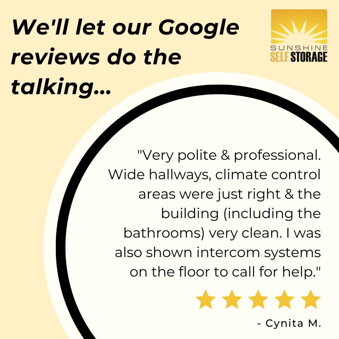 StorageSunshine's tweet image. See what all the talk is about... swing by your local Sunshine Self Storage today!

#Sunshine #Blog #SelfStorage #SunshineState #SunshineStorage #CustomerService #Clean #CleanTok #cleaningtips #SunshineSelfStorage #Moving #Storage #StorageWars #StorageBlog