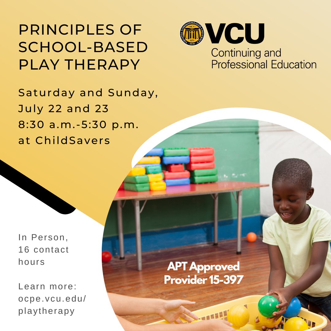 Did you know that <a href="/VCU/">VCU</a> is an approved continuing education provider (APT Approved Provider 15-397) by the <a href="/a4pt/">Assn 4 Play Therapy</a>? Join us this month for the new prerequisite workshop, Principles of School-Based Play Therapy <a href="/ChildSaversRVA/">ChildSavers</a>. Register today at ocpe.vcu.edu/playtherapy #PlayTherapy