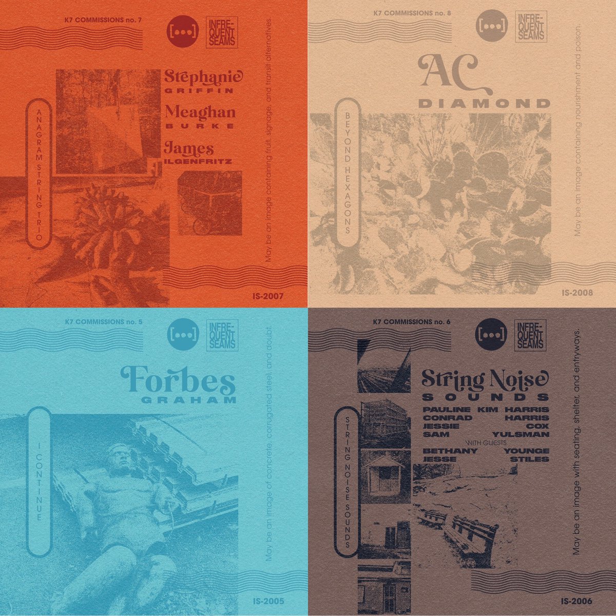 4 new K7 Commissions releases
• Anagram String Trio (Works by Benjamin Patterson, Alvin Singleton, <a href="/torrehomerica/">Wilfrido Terrazas</a>, Niloufar Shiri, 7/11)
• Forbes Graham solo (7/25)
• AC Diamond: Beyond Hexagons (8/8)
• String Noise Sounds: s/t (8/22)