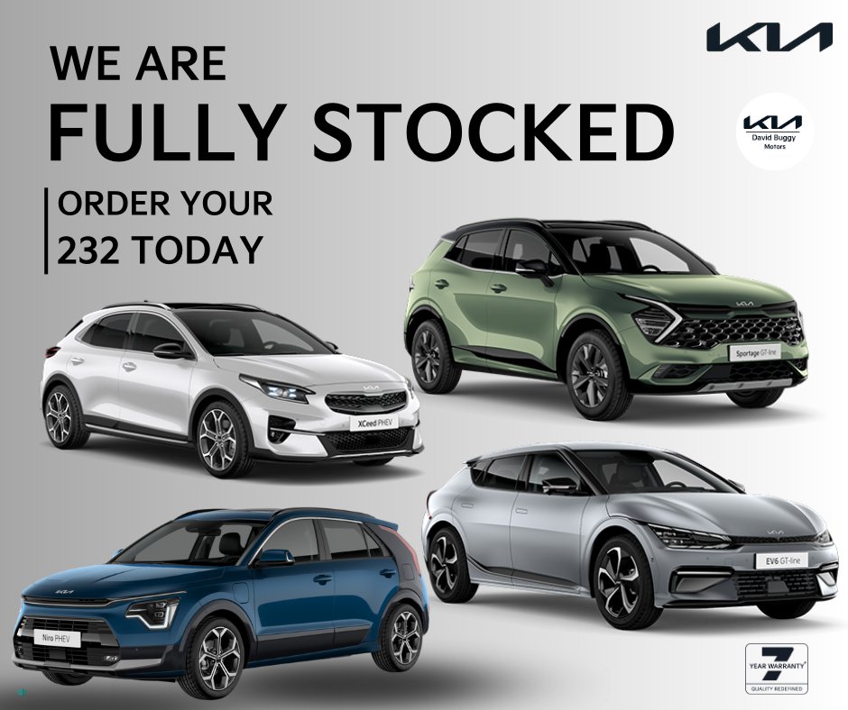 DavidBuggyMotor's tweet photo. Order your 232 Kia now!

We have some fantastic offers available across the entire Kia range

- PCP &amp; Hire Purchase Finance from 3.9% APR across the entire Kia range
- Get a free home charger with all EV and PHEV models
- 7 years warranty 

Contact us today  (056) 777 0808 https://t.co/JIsqiHQ7Oz