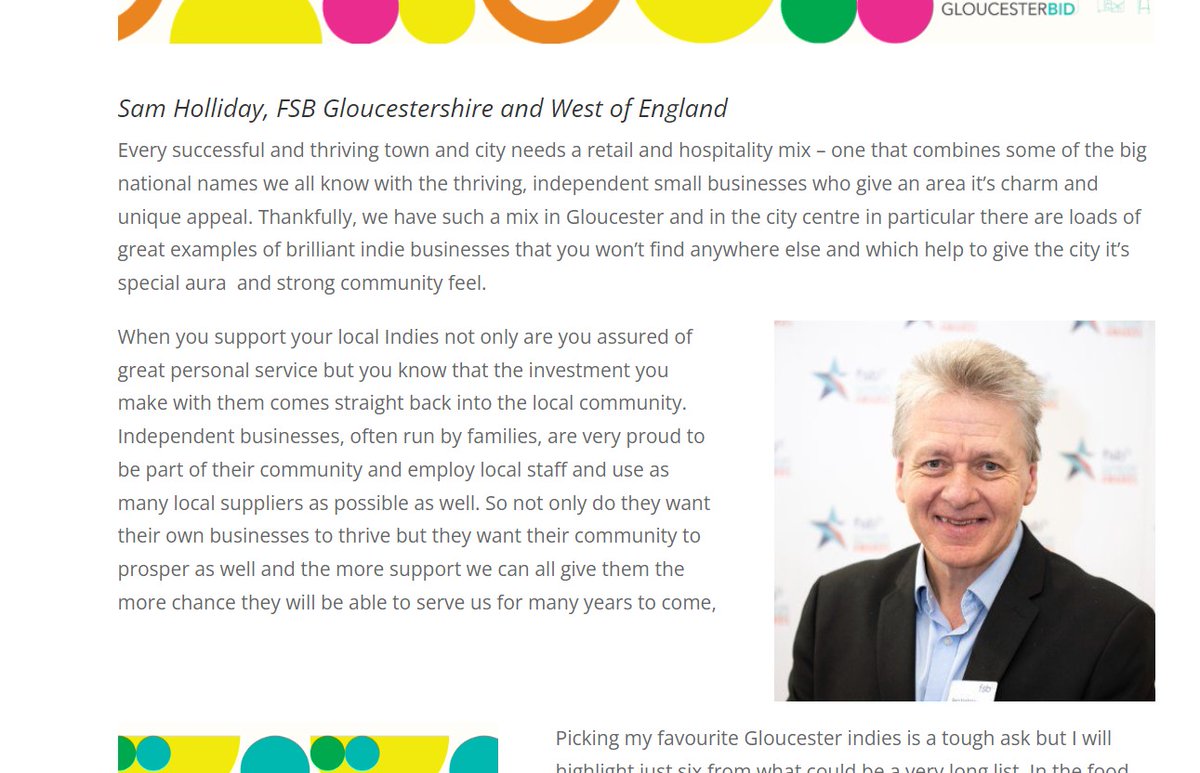 #Independent businesses are the lifeblood of any community and I therefore applaud the excellent <a href="/GloucesterBID/">GloucesterBID</a>  'Independents Week' initiative.  

Read my blog I have done for the campaign at go.fsb.org.uk/3XBluWs  

Live local, buy local, celebrate local

🛒 🏪 🍺 🍾 🍰 ☕