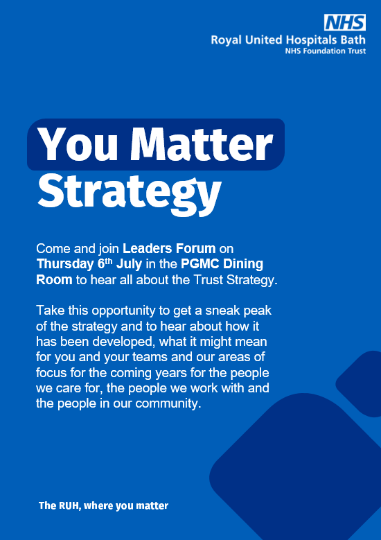 Leaders Forum Tomorrow - opportunity for @ruhstaff leaders & managers to learn more about the Trust's You Matter Strategy - an 'in person' session this time in PGMC dining room 14:30 to 16:00 (☕️from 14:15) - hope to see some of you there if able to attend 🙏