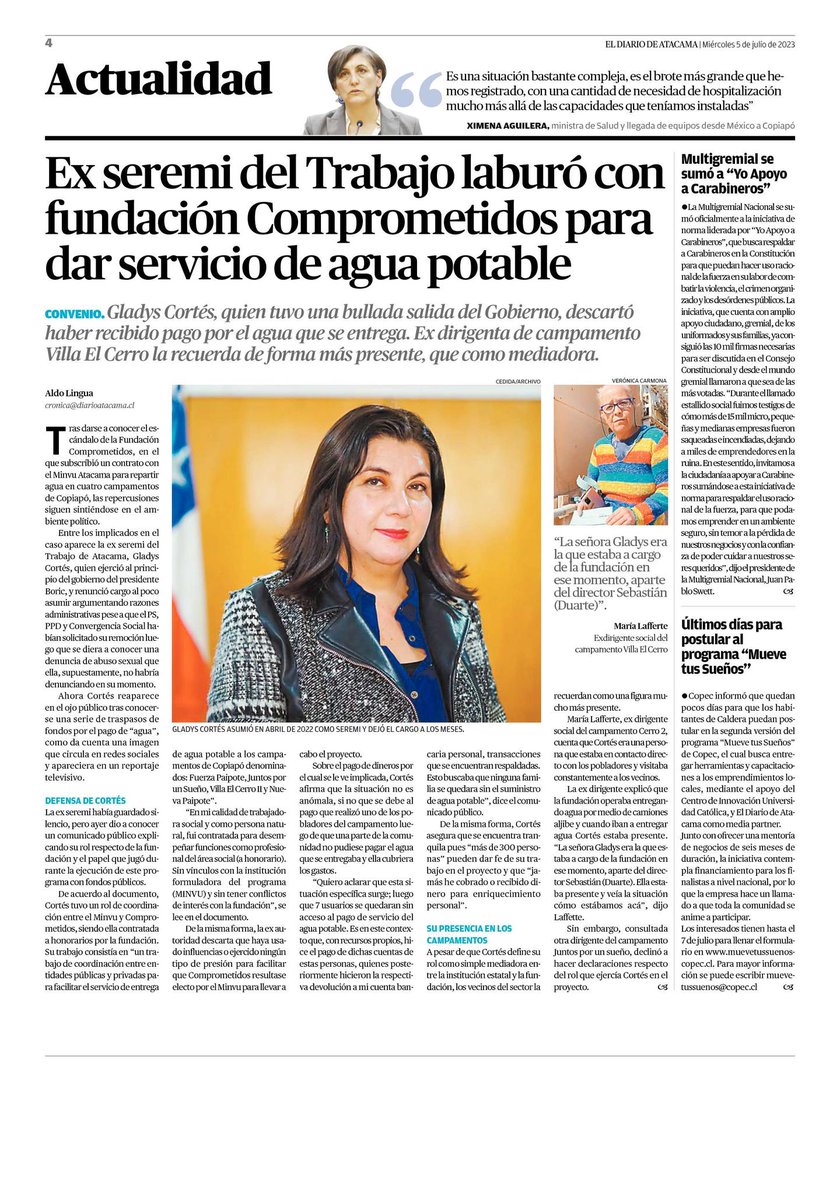 rodrigovega's tweet photo. La ex Seremi del Trabajo de Atacama, que fue removida de su cargo por no sumariar a su Jefe de Gabinete acusado de abuso sexual, es quién cobraba a la gente de los campamentos por el agua que entregaba la Fundación Comprometidos. Tenían que depositarle en su cuenta personal. https://t.co/dxefobrVob