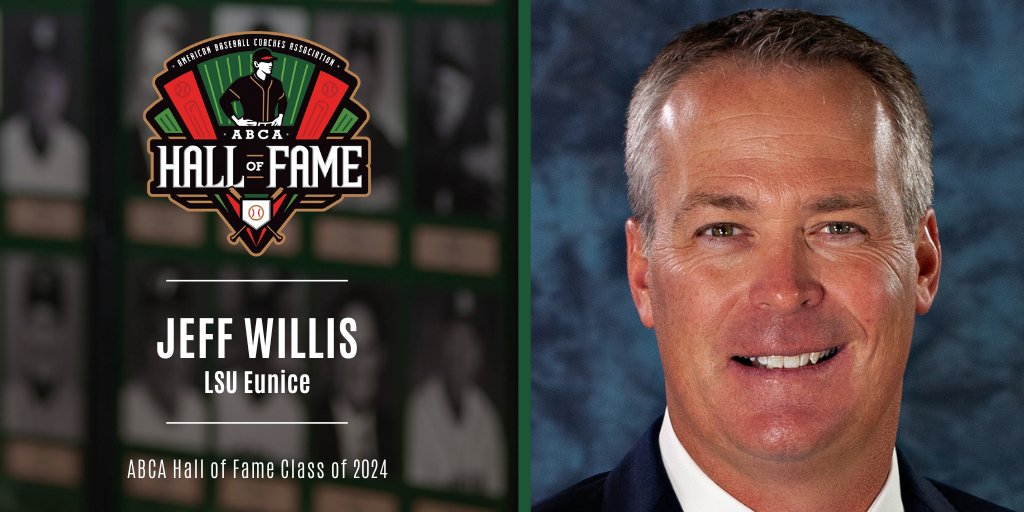 ABCA1945's tweet photo. ABCA Hall of Fame
Class of 2024 Inductee

Jeff Willis
@LSUEBengalsBSB 

The 2024 season will mark Jeff Willis’ 22nd season as head baseball coach at LSU Eunice, where his teams have posted a combined 995-218 (.820) record while capturing seven NJCAA Div. II National Championships, tied for the most in NJCAA history from one school. The program’s .820 winning percentage under Willis makes them the second winningest college baseball program in the history of the sport, regardless of affiliation or classification.

Named “Team of the Decade” for 2010-2019 by the JUCO Baseball Blog, the Bengals have made 10 NJCAA Div. II World Series appearances under Willis while claiming 11 regional championships and 10 district championships.

Willis is a seven-time ABCA National Coach of the Year in addition to being named an ABCA and NJCAA Region 23 Coach of the Year 11 times. In 2018, he was honored with the Skip Bertman National Coach of the Year Award by the National College Baseball Hall of Fame.

In 2010, Willis was honored to serve as the head coach of the NJCAA National Team, finishing fourth in the 25th Anniversary of the Honkbal Tournament in Haarlem, Netherlands. He served as an assistant on the NJCAA National Team in 2008 which included games against the Chinese Taipei National Team.

This fall, Willis will also begin his 20th year as the LSUE Athletic Director. In his administrator role, Willis serves as the Assistant Regional Director for NJCAA Region XXIII, the chairman of the NJCAA All-American Committee, on the Executive Committee for the NJCAA Coaches Association and a member of the NJCAA Division II Baseball and NJCAA Division I Men's Soccer committees.

Willis currently serves on the ABCA Board of Directors and Executive Committee as Chair of the Junior College Division.