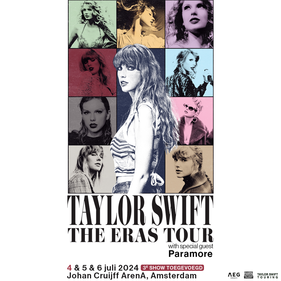 Taylor Swift  | The Eras Tour komt drie avonden naar de Johan Cruijff ArenA , Amsterdam, op 4 + 5 + 6 juli 2024. Er is een nieuwe show toegevoegd op 4 juli 2024. Special guest op alle drie de avonden is Paramore #AMSTERDAMTSTheErasTour