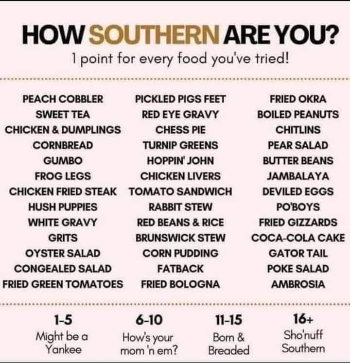Lol. I'm definitely southern with a score of 25. I'm going to ask my husband who's from NJ. His will be far less. He won't even know what some of this is. 🤣 Your turn. #southern #southernfood