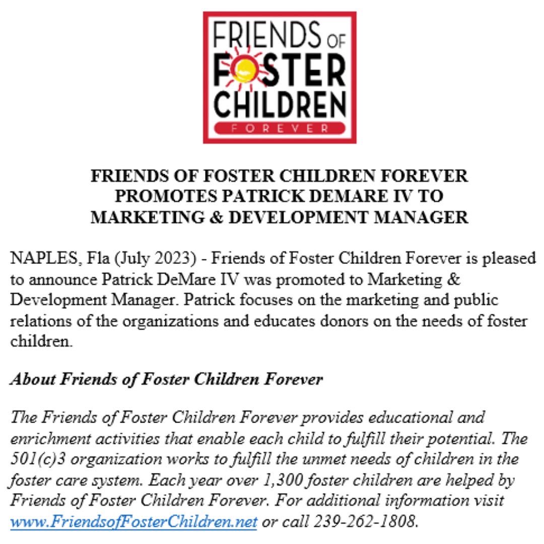 FosterSuccess_'s tweet photo. Friends of Foster Children Forever is pleased to announce Patrick DeMare IV was promoted to Marketing &amp; Development Manager. Congratulations Patrick! 
•
•
•
#ffcforever #naples #marketing #development #promotion #fostercare #swfl https://t.co/I0Y21iLzqx