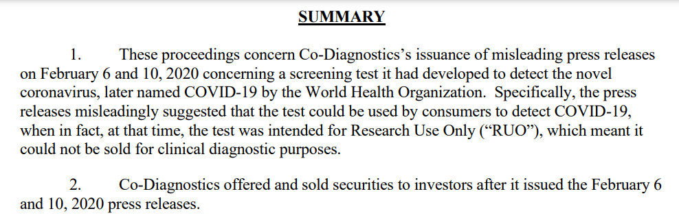 NateHindenburg's tweet photo. The SEC just charged $CODX for fraud relating to its COVID test claims during the early days of the pandemic, focusing on several issues we highlighted at the time, among others.

cc @HindenburgRes

Full SEC release: https://t.co/VK6gkAKoBB https://t.co/W8qamHsyiF