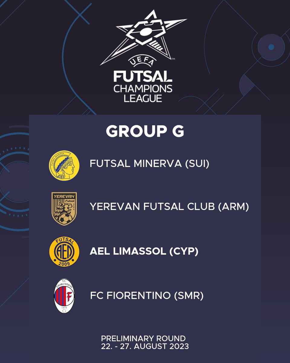 🇪🇺⚽ the #draw stands
Futsal Minerva trifft anlässlich der @uefafutsal Champions League 2023/24 Vorrunde auf folgende Teams:
➡️ AEL Limassol, Gastgeber (CYP)
➡️ Yerevan Futsal Club (ARM)
➡️ FC Fiorentino (SMR) 

#ufcl #UEFA #championsleague #futsal #futsalminerva