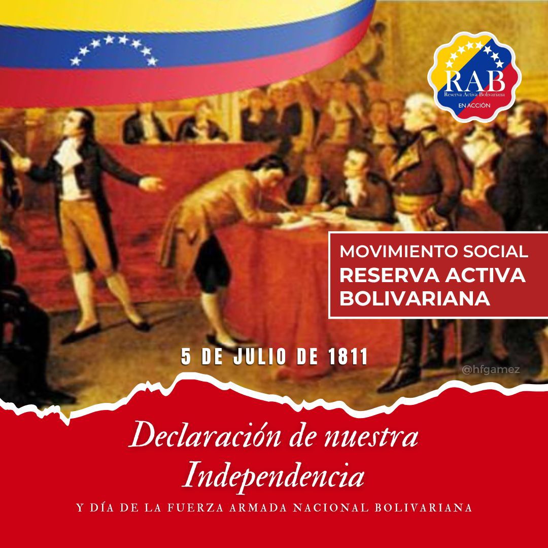 Celebramos unidos al pueblo Venezolano el día de nuestra independencia y día de la Fuerza Armada Bolivariana. La Reserva Activa Bolivariana se compromete más a lucha antihegemónica y antimperial, fortalecer el legado del Cmdte Chávez y respaldar a al Pdre <a href="/NicolasMaduro/">Nicolás Maduro</a>. VivaVzla