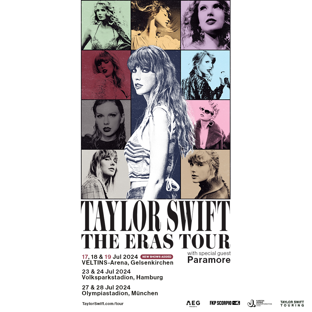 Taylor Swift | The Eras Tour kommt für sieben Konzerte nach Deutschland und bestätigt zwei NEUE Termine in Gelsenkirchen am 17. &amp; 19. Juli. Als Special Guest bei allen Shows dabei: Paramore! #GelsenkirchenTSTheErasTour #HamburgTSTheErasTour #MunichTSTheErasTour
