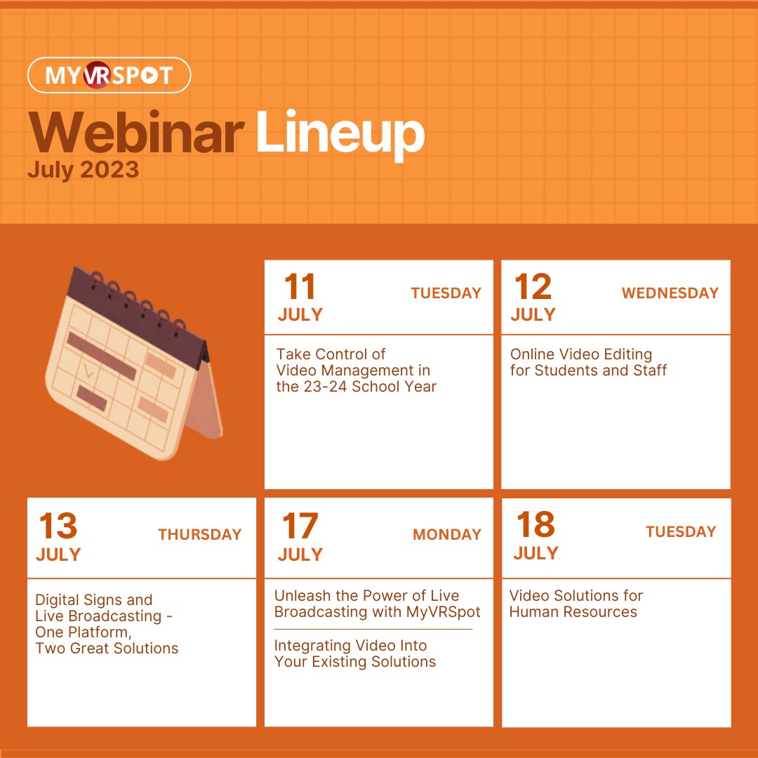 💡Learn about our incredible #videosolutions - ALL MONTH LONG!💡

Sign up for one of our webinars at myvrspot.com/webinars

#myvrspot #digitalassetmanagement #livestreaming #digitalsignage #k12education #highereducation #backtoschool