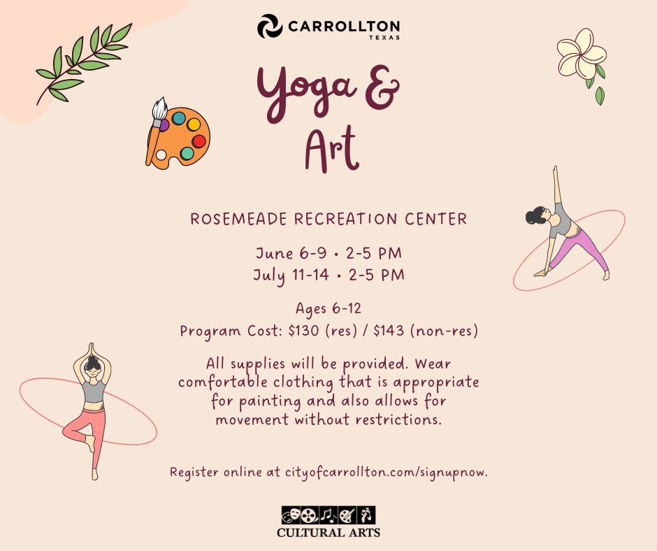 CarrolltonParks's tweet image. Move your body and stimulate your senses! 🎨 🤸‍♀️ Let&apos;s get creative and active with this fun combination of fitness and art specifically designed for kids! #yogaforkids #creativityforkids
 webtrac.cityofcarrollton.com/wbwsc/webtrac.…