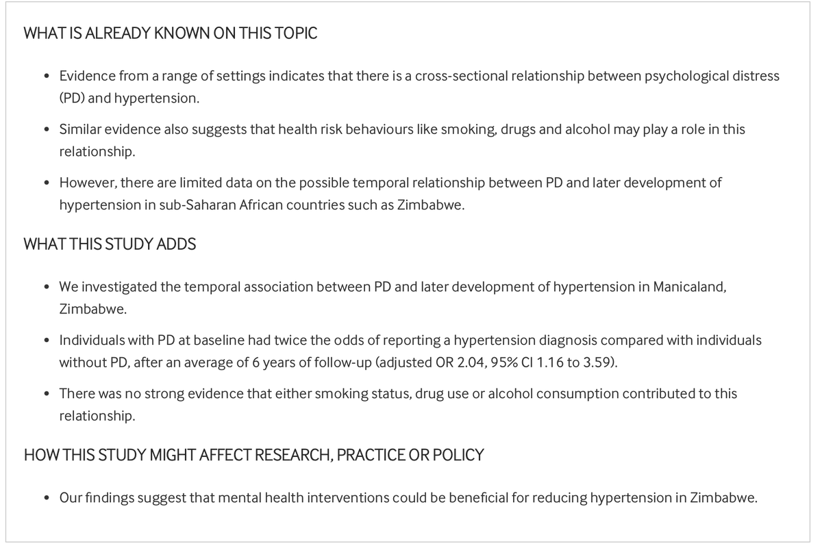 Relationship between psychological distress, health behaviours and future reports of hypertension among adults in East Zimbabwe: a cohort study bit.ly/44aAehx