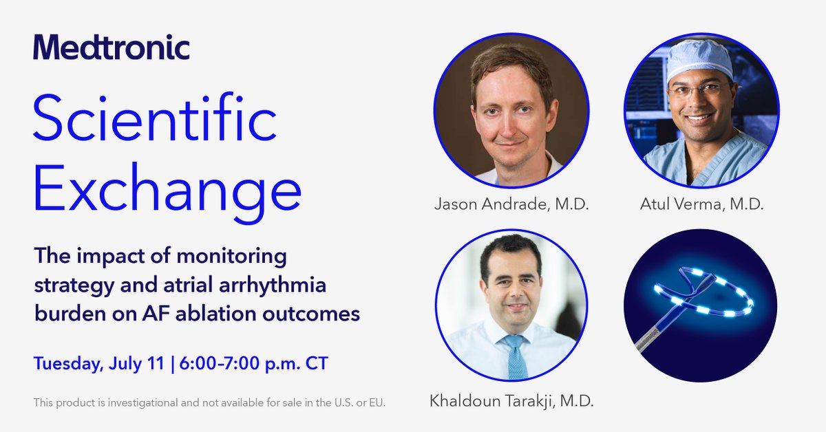 MDT_Cardiac's tweet photo. Explore the impact of monitoring strategies and atrial arrhythmia burden on AF ablation outcomes in the PULSED AF trial with Drs. Jason Andrade, Atul Verma, and Khaldoun Tarakji. @DrJasonAndrade  @atulverma_md  @khaldountarakji .

Register today: https://t.co/SVCdmCebGC https://t.co/Vf8qbIVhYV