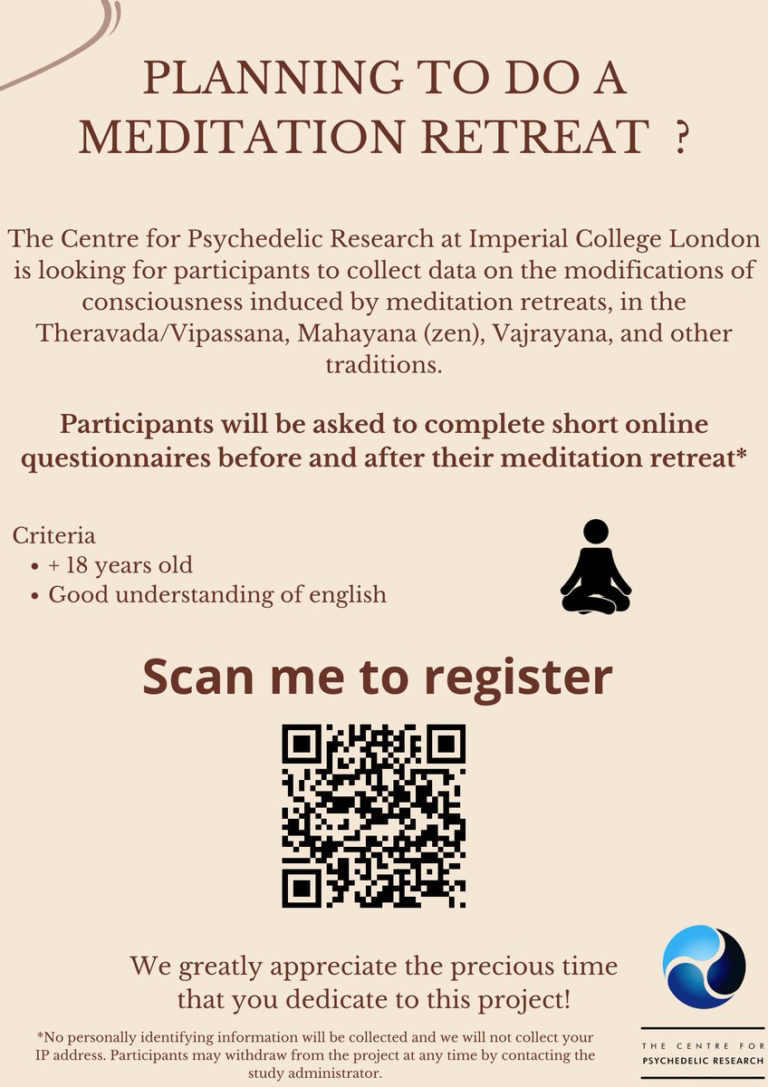 neurodelia's tweet photo. Planning to go to a meditation retreat this summer? Then please join our prospective survey studying the nature and impact of these experiences. Join here https://t.co/VOtqyBswJm @Imperial_PRG https://t.co/K4E92CKqRK