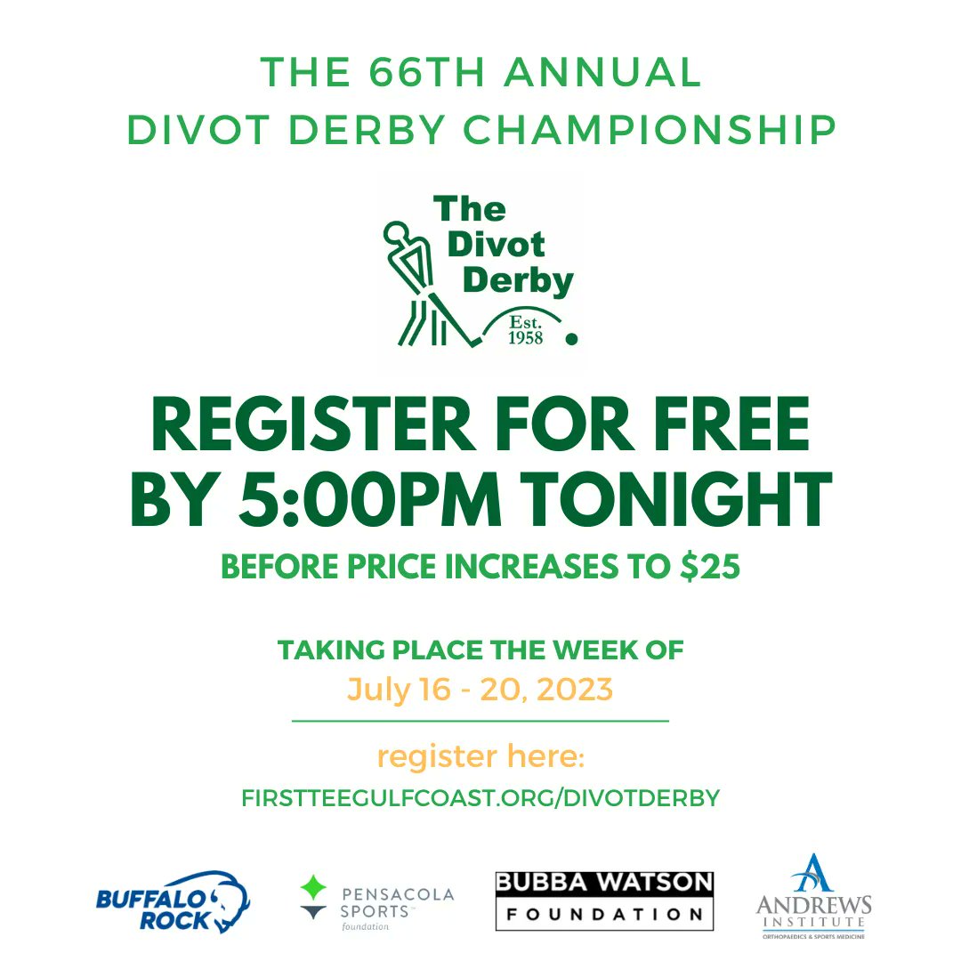 FirstTee_GC's tweet image. FREE REGISTRATION ENDS TONGIHT 5:00PM

Divot Derby registration will increase to $25 after 5pm tonight based on availability.
Register now at firstteegulfcoast.org/divotderby/
