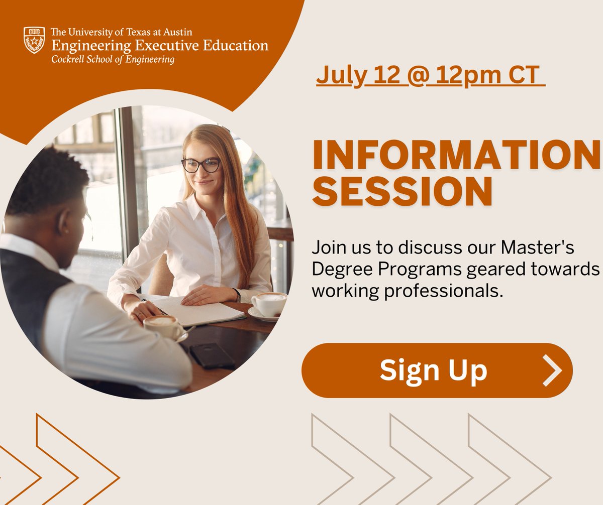 UTEngrExecEd's tweet image. Take the first step toward your future. Register for our 30-minute online Master's Degree Info session next Wednesday to ask any questions you may have about our programs. Register here: okt.to/vI5TdY
 #texasengineering #texasengineers