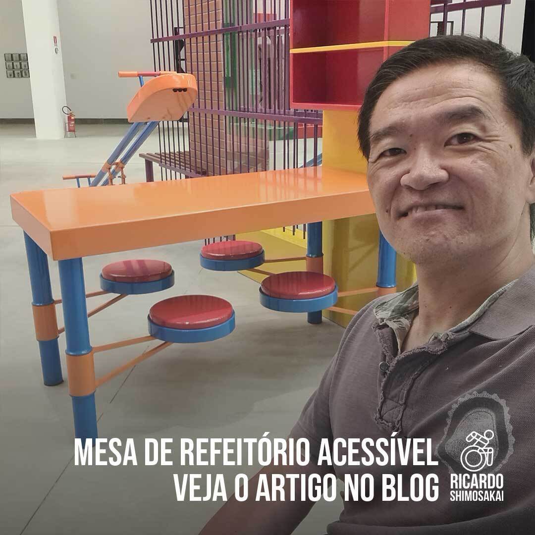 Mesa de refeitório acessível. Acessibilidade flexível. A criatividade e inovação para tornar mesas e cadeiras fixas acessíveis a todos os tipos de pessoas. Todas as informações estão em ricardoshimosakai.com.br/mesa-de-refeit…