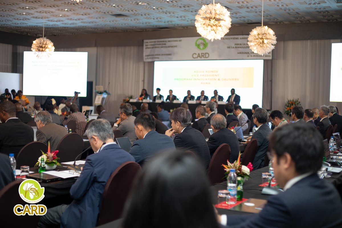 abfaithful1's tweet photo. At the 9th General Meeting of the Coalition for Africa Rice Development (CARD) in Abidjan 3-6 July 2023. The indicators for rice sufficiency is at 62.6%, yield is still at 2.1t/ha where 10t/ha is possible.  Africa is rising...we will soon be there... https://t.co/gaiFW147Yq