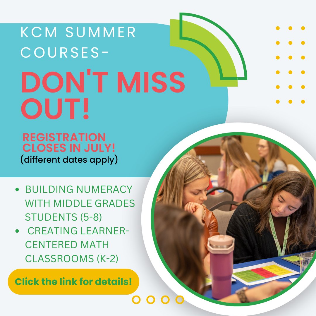 KyCenterforMath's tweet photo. 🚨 Attention KY Math Teachers! Register now for KCM's summer courses: Building Numeracy (5-8) &amp; Creating Learner-Centered Math Classrooms (K-2)! Last chance- registration closes TODAY! 🏃‍♀️🏃‍♂️ Don't miss out! Click to view all courses! https://t.co/B1Xpeq9zSp #KCM #PD #MathEducation https://t.co/d8QdlceSw7