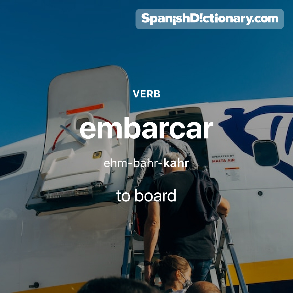 SpanishDict's tweet photo. Today's #WordOfTheDay is "embarcar." 👩🏻✈️💺🛫 For example: Los pasajeros están comenzando a embarcar. - The passengers are starting to board.
.
.
.
#EstudiaEspañol #StudySpanish #AprendeEspañol #LearnSpanish #Español #Spanish #LearningSpanish #PalabraDelDia #embarcar https://t.co/V4DrE6WV3O