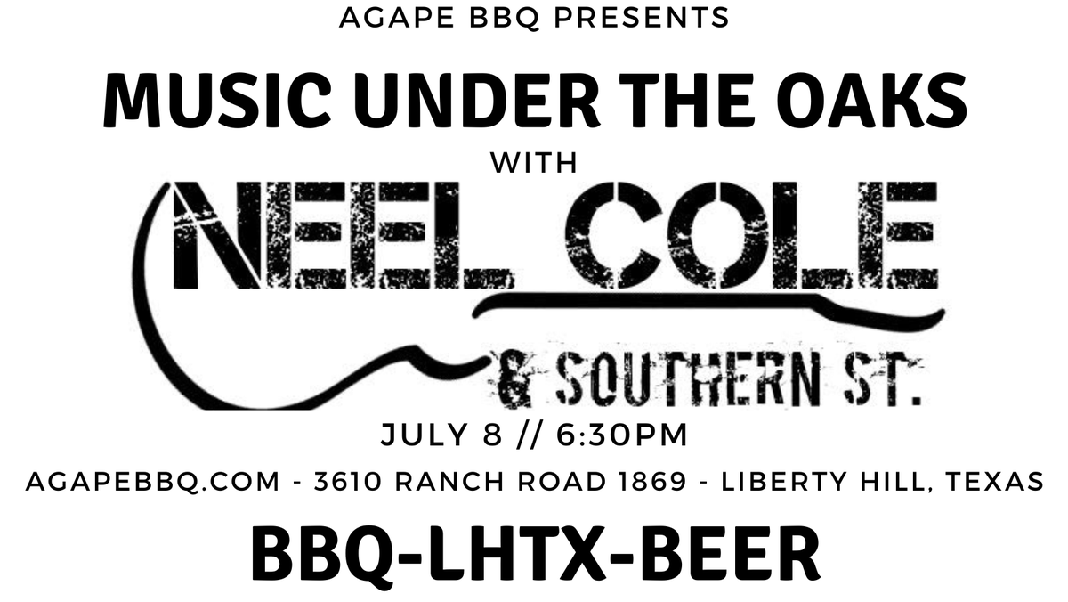 AgapeBbq's tweet photo. The stage is set! Music Under The Oaks with Neel Cole &amp; Southern St: Meshing the worlds of Rock, Grunge, Blues and Country, they created a "unique Texas Sound".  With wide open guitars, vivid vocal melodies, solid bass lines, and rhythmic ... https://t.co/iNneDaxH2Z