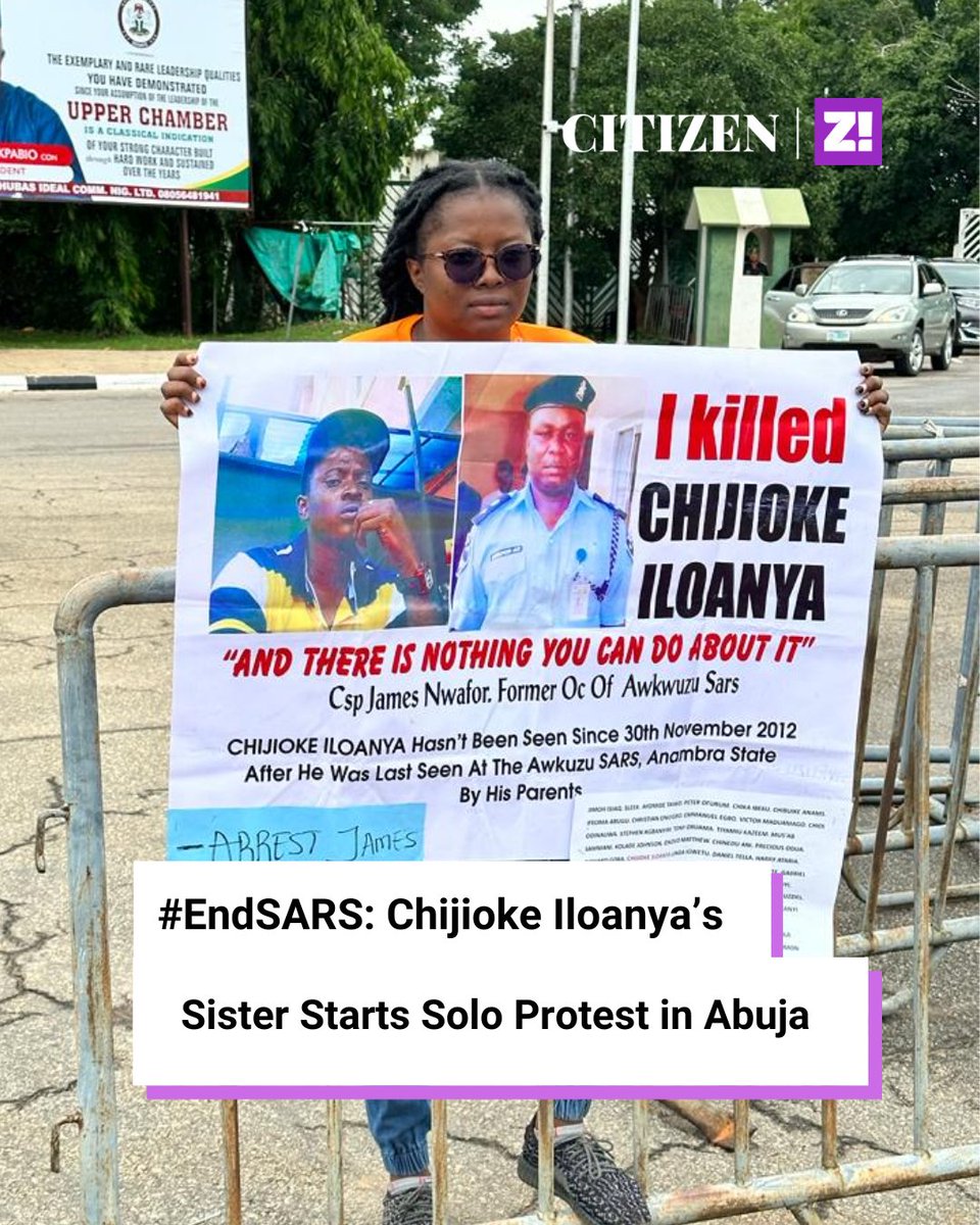 ZikokoCitizen's tweet photo. Ada is staging a solo protest at the National Assembly in Abuja, demanding justice for her brother, Chijioke Iloanya. https://t.co/N20rDaP4KR