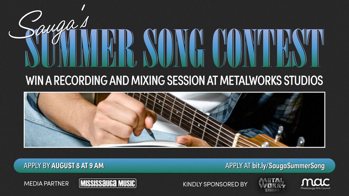 MissArtsCouncil's tweet photo. Submit your demo for your chance to WIN!📣 🎶

Sauga's Summer Song Contest is back, and MAC wants to hear your hit song for a chance to win a recording/mixing session at @metalworksSOUND and present at the @Mississauga_M Awards.

Submit by Aug 8, 9 AM ➡️  https://t.co/J0h4yS2Ux5 https://t.co/bMT8YNvvpU