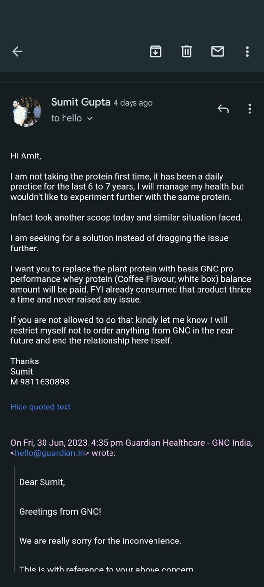 guptasumit87's tweet photo. @GuardianGNC @GNCLiveWell 
I have raised the complaint (Ref Number 353877) regarding my recent article GNC Amp Plant Isolate Protein, order number is #GNC143594 and order date 24-Jun-2023, order delivery date 28-Jun-2023, none of the GNC representatives reach out for the solution https://t.co/BXDicgFjiY