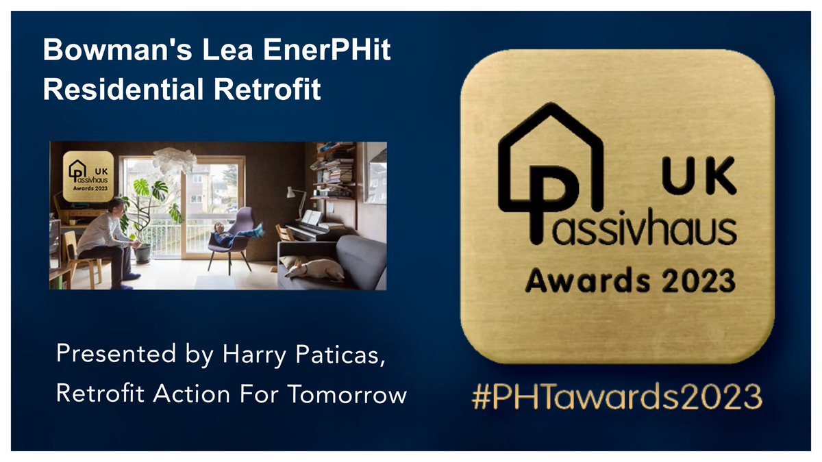 #PHTawards2023 - the first retrofit presented today is <a href="/harrypaticas/">Harry Paticas</a>’ Bowman’s Lea.  A typical 1970s 3-storey mid-terrace townhouse, retrofitted using the step-by-step EnerPHit method, and utilising bio-based materials where possible.