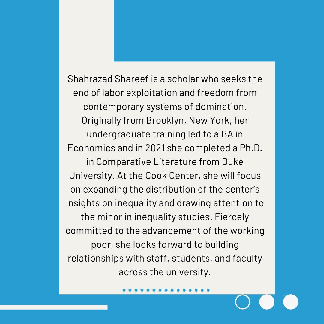 sdcookcenter's tweet photo. Shahrazad Shareef is joining the Cook Center as a Research Associate and Assistant Director of the Inequality Studies Minor. Shahrazad obtained her BA and PhD at @DukeU and worked at both Duke and the @artinstitutechi. Welcome, Shahrazad! Learn more: https://t.co/HmcGl9ETuq https://t.co/17GIcFKMsz