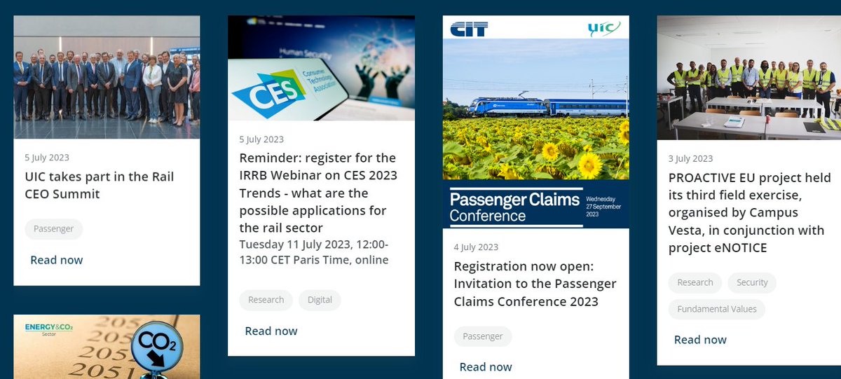 Please find the latest eNews articles on the UIC participation in the Rail CEO Summit, the IRRB Webinar on CES 2023 Trends and the Passenger Claims Conference 2023.

uic.org/com/enews/