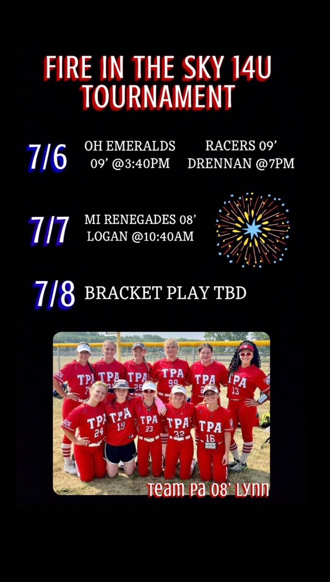 This weekend our team will be playing in the Fire In The Sky Tournament in Orrville, OH!
<a href="/ginggga21/">Richele Hall</a> <a href="/teampa08lynn/">team pa 08</a> <a href="/teampafastpitch/">Team Pennsylvania Fastpitch</a> <a href="/RMUSoftball/">RMU Softball</a> <a href="/Pitt_SB/">Pitt Softball</a> <a href="/ZipsSB/">Akron Zips Softball</a> <a href="/OU_Softball/">Oklahoma Softball</a>