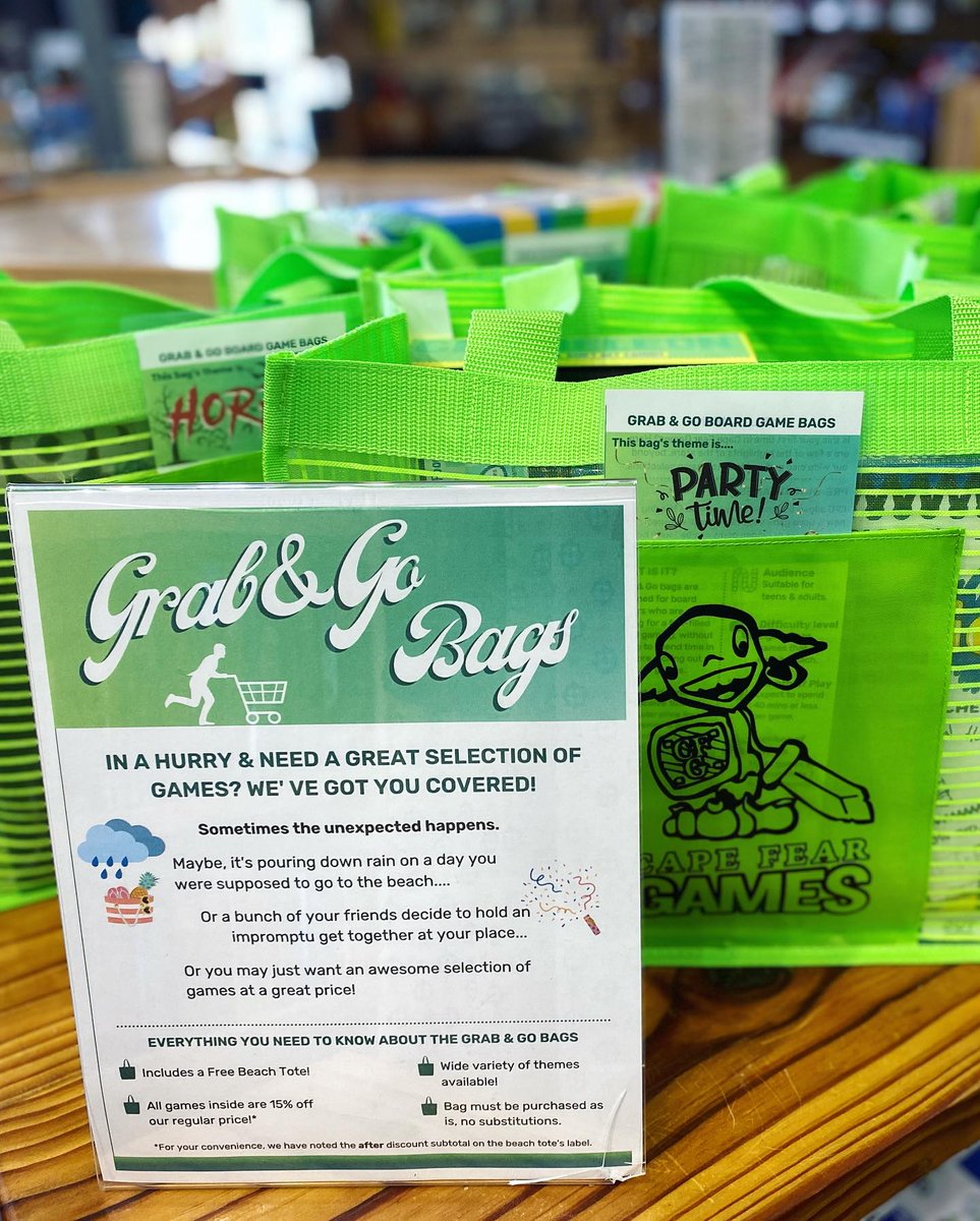 Our Grab n' Go bags are perfect for anyone looking to play games but don't have time to sit and stew over which games to pick. All our bags are perfectly themed to whatever occasion you find yourself in!
#wilmingtonnc #wilmington #northcarolina #nc #boardgames #boardgamestogo