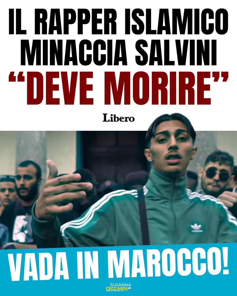 SusannaCeccardi's tweet photo. Parole folli contro Salvini e la collega Sardone, minacce di morte inaccettabili dal rapper Baby Gang. Se non si trova bene con chi non è mussulmano come lui può benissimo andare anche subito in Marocco! https://t.co/SrAlRjmaln