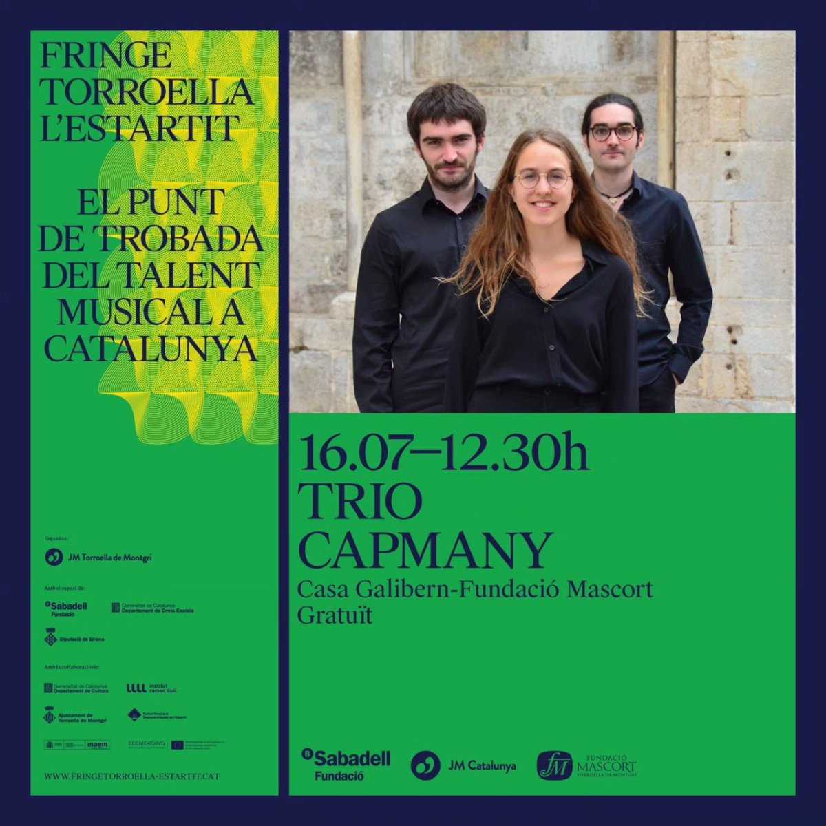 FringeTorroella's tweet photo. 🌻Música fresca, pròxima, pensada i creada per a músics i públics amb un mateix camí. Aquesta és la proposta del #TrioCapmany, que tocarà al #FringeTorroellaEstartit una selecció d'obres inèdites 🎶
📆 Diumenge 16 de juliol, 12:30h
📍 Fundació Mascort
🎟️ Entrada gratuïta https://t.co/Bf7MkG3yEW