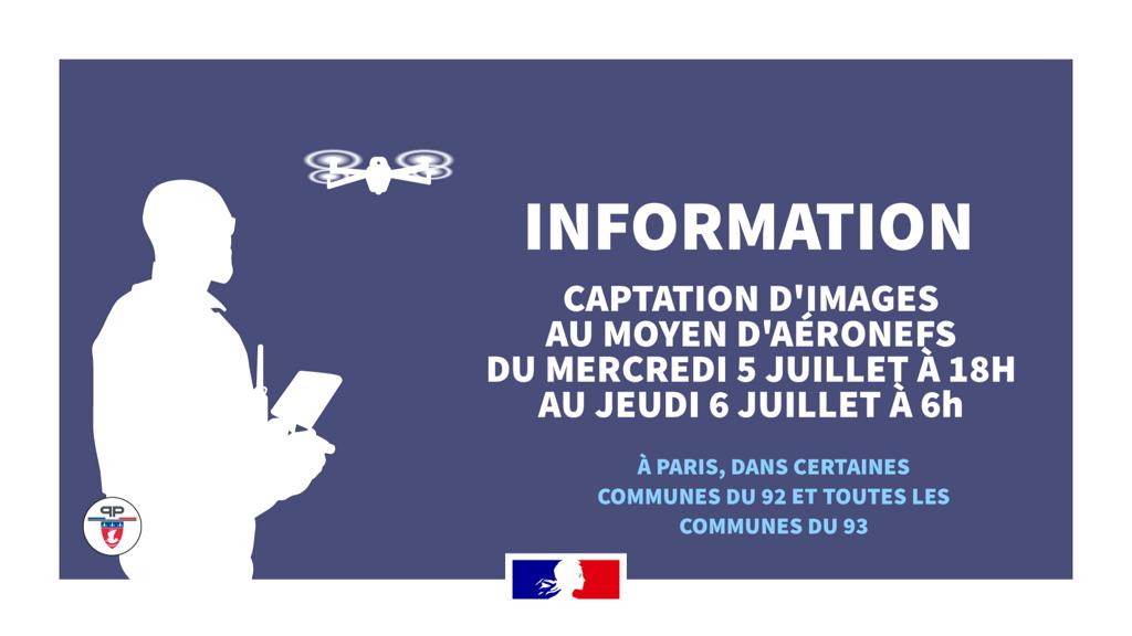 prefpolice's tweet photo. Un arrêté préfectoral (n° 2023-00793) autorise la captation, l'enregistrement et la transmission d'images au moyen de drones par la @prefpolice à Paris,
dans certaines communes du 92 et toutes les communes du 93, du mercredi 5 juillet à 18h au jeudi 6 juillet à 6h. https://t.co/dCqS0EtqLA