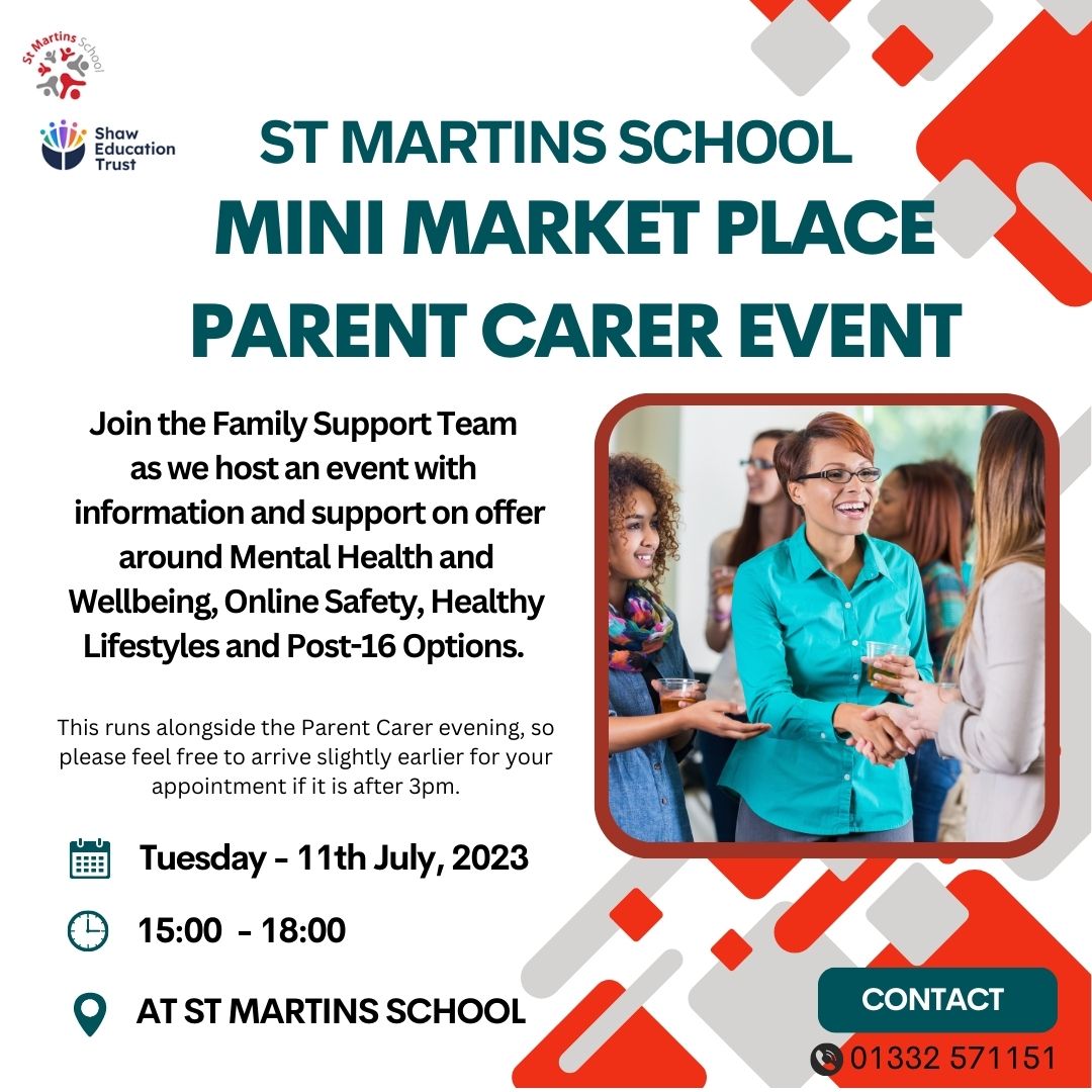 Mini Market Place ❗️

🗓️ Tuesday 11th July
⏰ 3pm - 6pm
📍 St Martins School

This event will run alongside Parents Carer Evening.

We look forward to seeing everyone for this wonderful event!