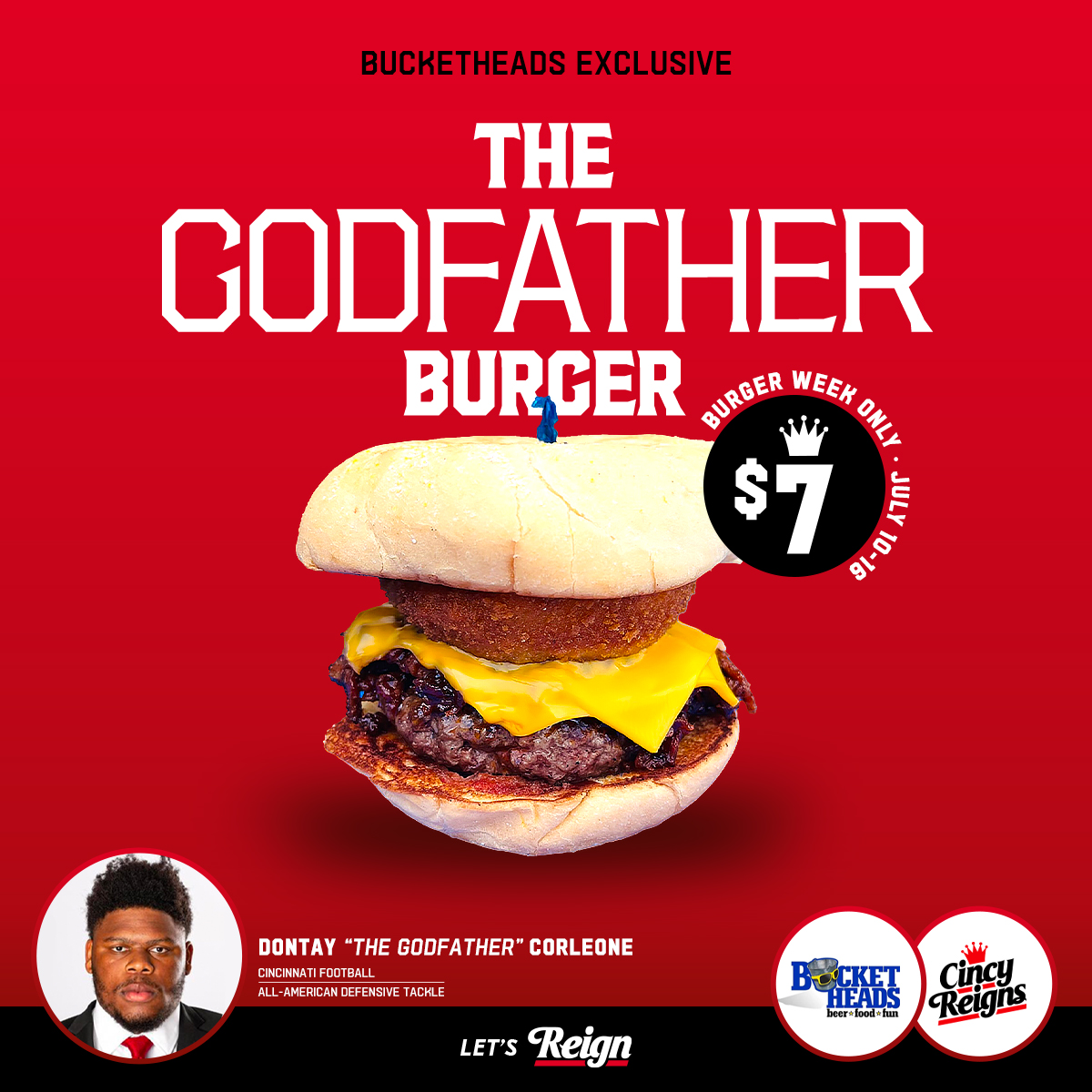 CincyReigns's tweet photo. 🚨 BREAKING🚨

Exciting Collaboration Announced by Cincy Reigns, Bucketheads, and @DontayCorleone
An Offer You Can't Refuse: The Godfather Burger, a Corleone and Bucketheads Creation

🔗https://t.co/3lm30DR5ci
