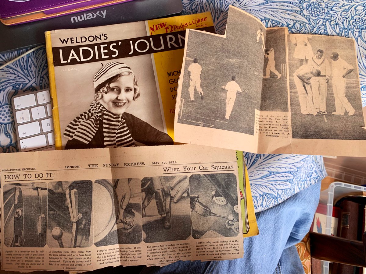 Love it when I find extra stuff in magazines! In this Oct 1932 issue of Weldon’s Ladies’ Journal, newspaper clippings of photos from a Lord’s test (Eng vs WIndies) and instructions for dealing with a squeaky car. Now wondering who the reader was, what else they were reading etc.