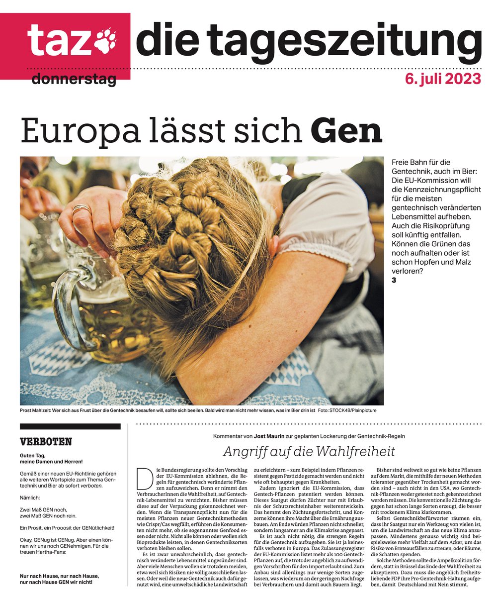 Prost Mahlzeit: #tazeins zur geplanten Lockerung der #Gentechnik-Regeln <a href="/tazgezwitscher/">taz</a>